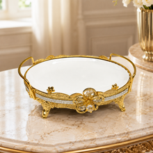 Luxury Gold Crystal Accent Ceramic Serving Bowl with Handles - Decorative Design