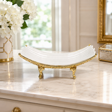 Elegant White Ceramic Centerpiece Bowl with Ornate Gold Stand 13''