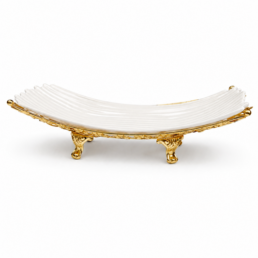 Elegant White Ceramic Centerpiece Bowl with Ornate Gold Stand 13''