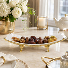 Elegant White Ceramic Centerpiece Bowl with Ornate Gold Stand 13''