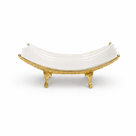 Elegant White Ceramic Centerpiece Bowl with Ornate Gold Stand 15''