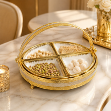 Luxury 4-Section Ceramic Snack Serving Tray with Gold Basket Handle