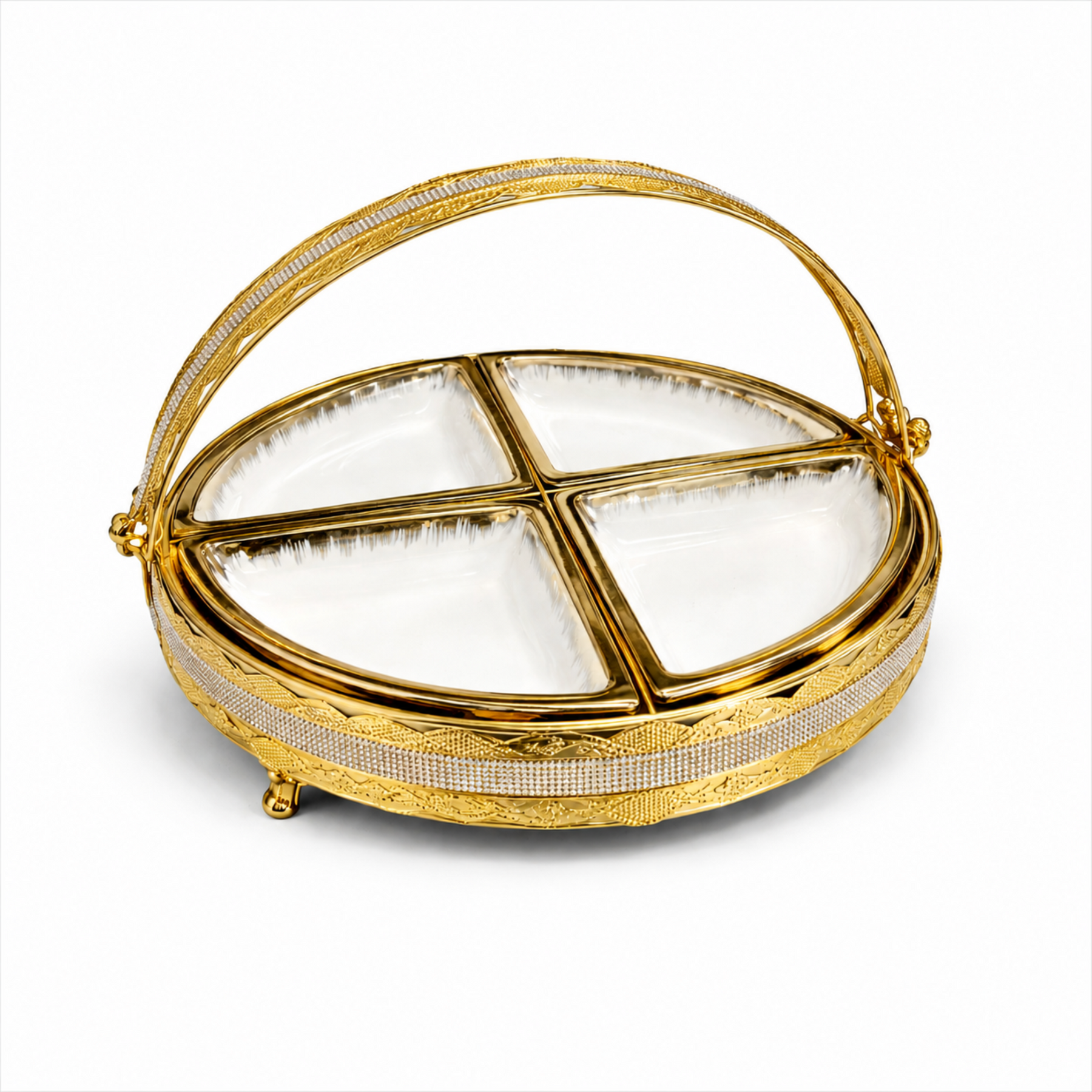 Luxury 4-Section Ceramic Snack Serving Tray with Gold Basket Handle