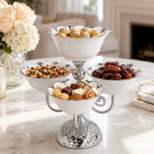 Luxury Silver 6-Bowl Tiered Dessert Stand with Floral Procelain Bowls