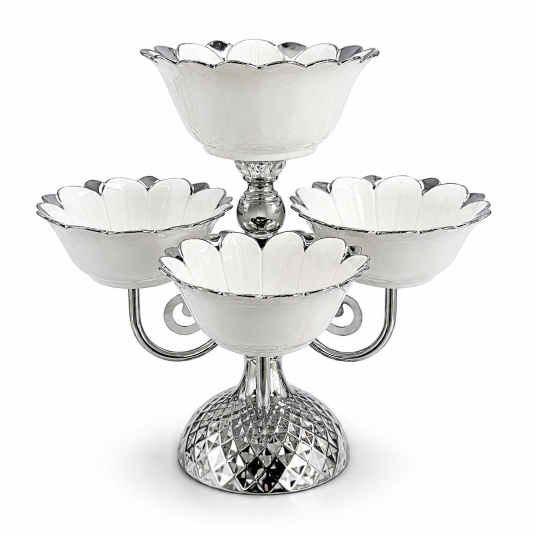 Luxury Silver 6-Bowl Tiered Dessert Stand with Floral Procelain Bowls