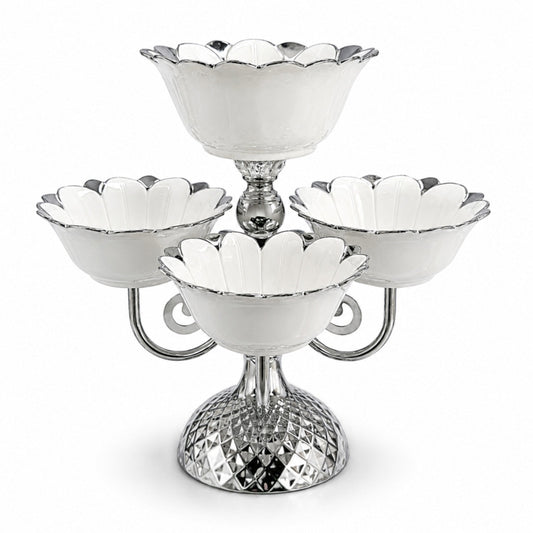 Luxury Silver 6-Bowl Tiered Dessert Stand with Floral Procelain Bowls