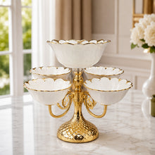Luxury Gold 6-Bowl Tiered Dessert Stand with Floral Procelain Bowls