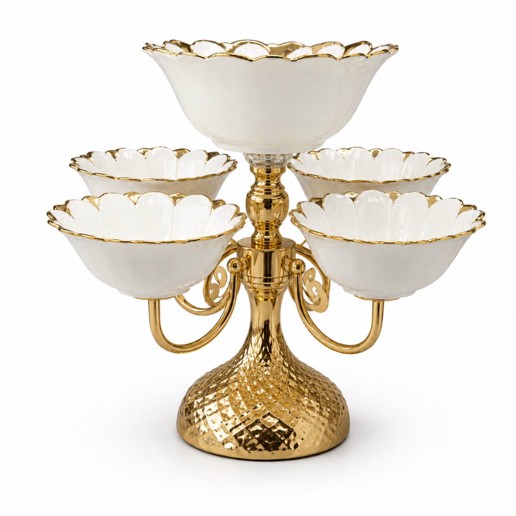 Luxury Gold 6-Bowl Tiered Dessert Stand with Floral Procelain Bowls