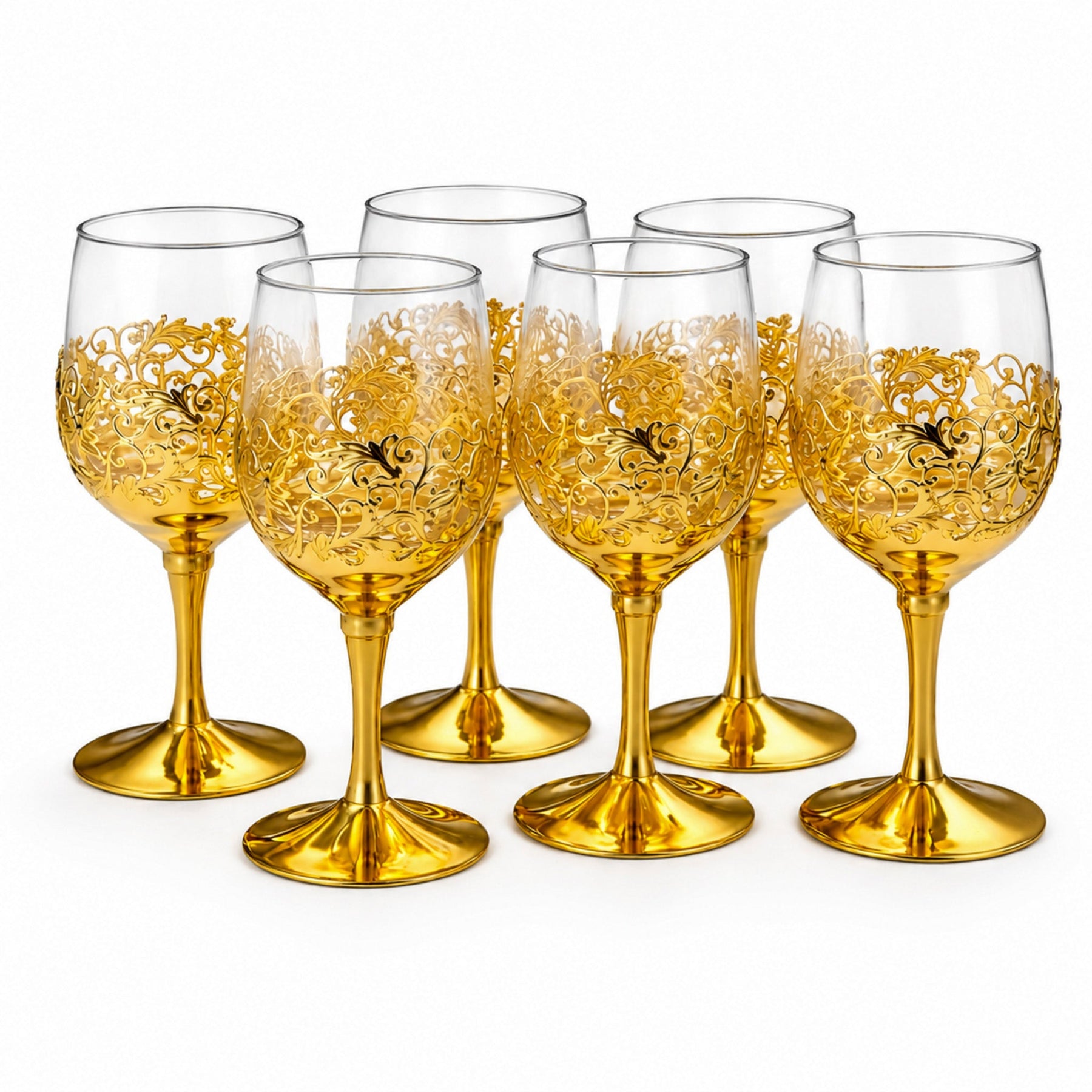 Luxury Gold Tea Cup Set with Ornate Filigree Holders - 6 Piece Set