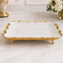 Luxury Embossed Ceramic Serving Tray with Ornate Gold Frame