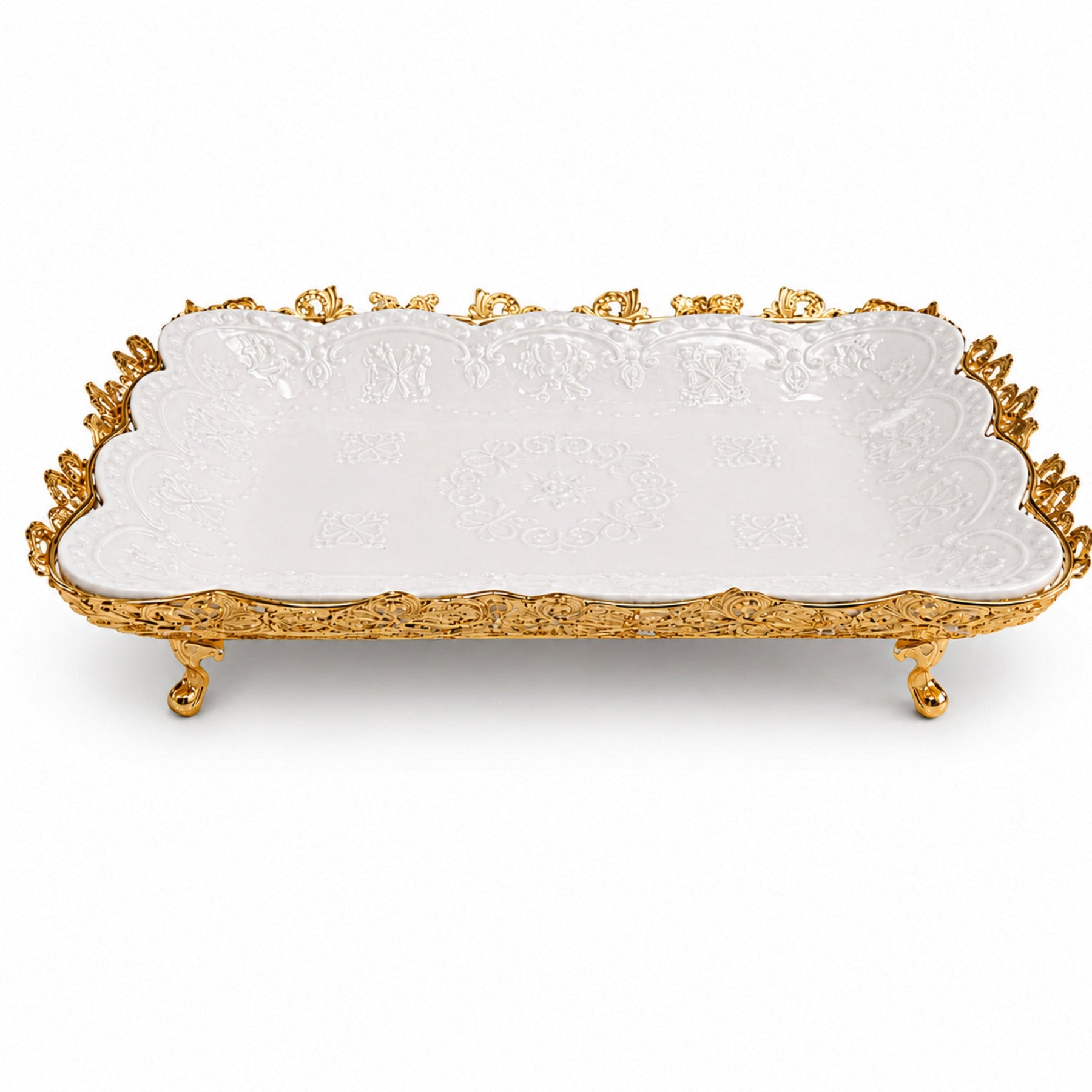 Luxury Embossed Ceramic Serving Tray with Ornate Gold Frame