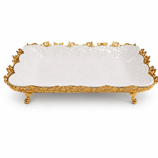 Luxury Embossed Ceramic Serving Tray with Ornate Gold Frame