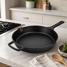 Triple-Layered Enameled Cast Iron Skillet, 11-Inch Round Pan with Long Handle, Helper Handle and Pour Spouts, Black