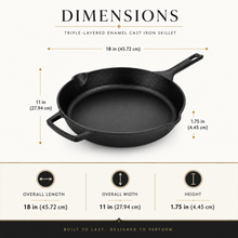 Triple-Layered Enameled Cast Iron Skillet, 11-Inch Round Pan with Long Handle, Helper Handle and Pour Spouts, Black