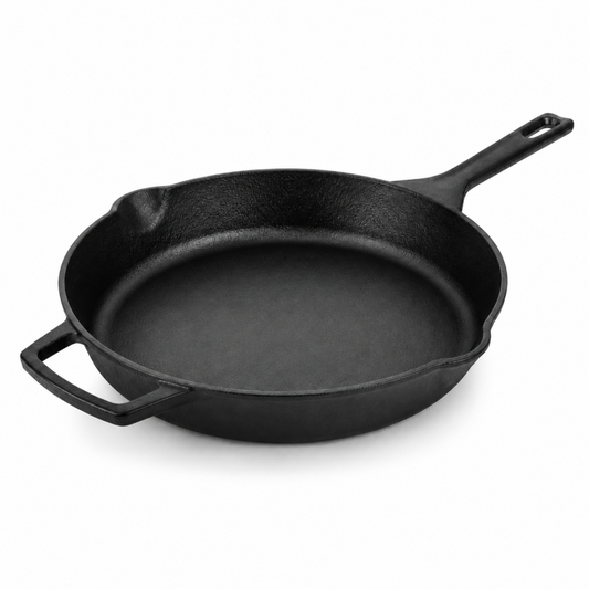 Triple-Layered Enameled Cast Iron Skillet, 11-Inch Round Pan with Long Handle, Helper Handle and Pour Spouts, Black