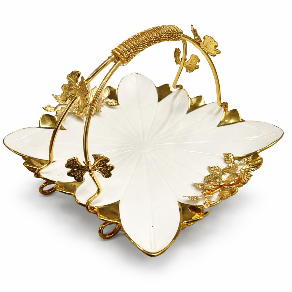 Luxury Floral Ceramic Serving Tray with Gold Handle Basket