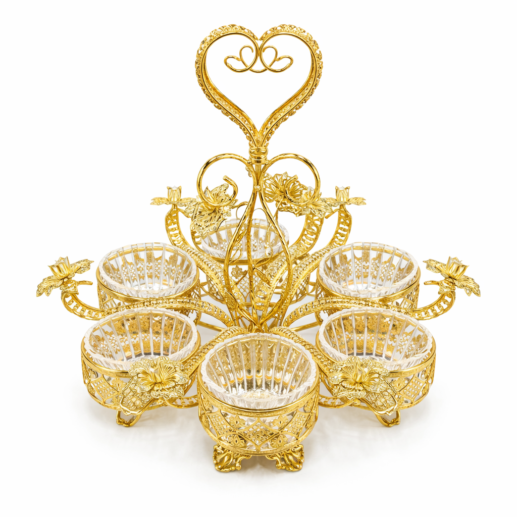 Luxury 6-Bowl Crystal Candy Serving Stand with Gold Heart Handle