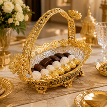 Luxury Crystal Serving Tray with Ornate Gold Basket Handle