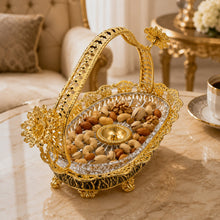 Luxury Crystal Serving Tray with Ornate Gold Basket Handle