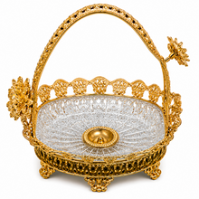 Luxury Crystal Serving Tray with Ornate Gold Basket Handle