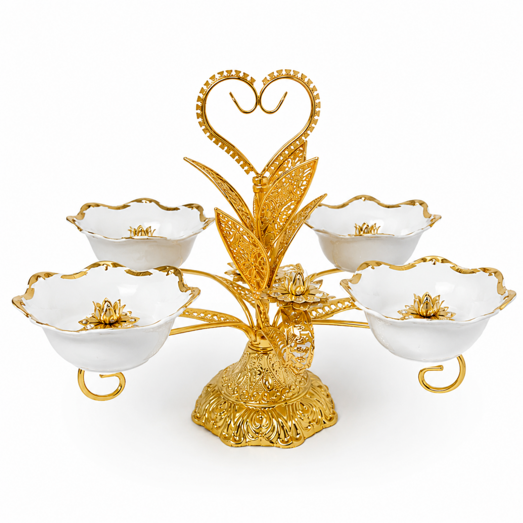 Luxury 4-Bowl Porcelain Candy Serving Stand with Gold Tropical Frame