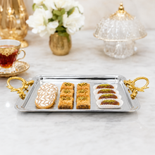 Elegant Chrome Serving Tray with Gold Handles 23'' x 13''