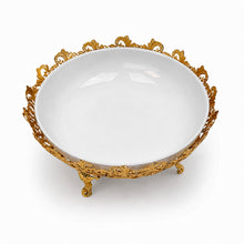White Ceramic Centerpiece Bowl with Ornate Gold-Tone Base, 9.5 Inch