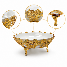 White Ceramic Centerpiece Bowl with Ornate Gold-Tone Base, 9.5 Inch