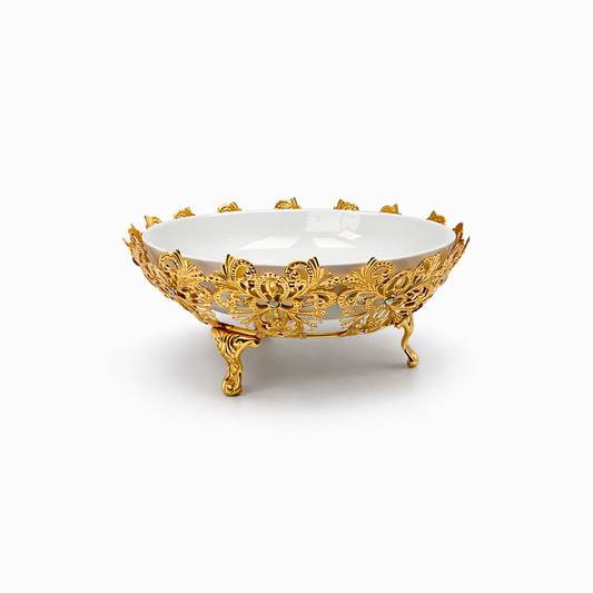 Royal White Ceramic Centerpiece Bowl with Gold Ornate Base