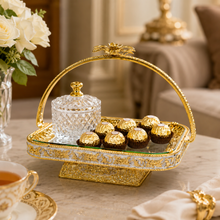 Gold-Tone Rectangular Display Tray with Decorative Handle and Pedestal Base, 14.25 Inch
