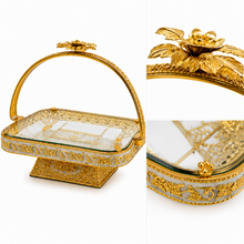Gold-Tone Rectangular Display Tray with Decorative Handle and Pedestal Base, 14.25 Inch