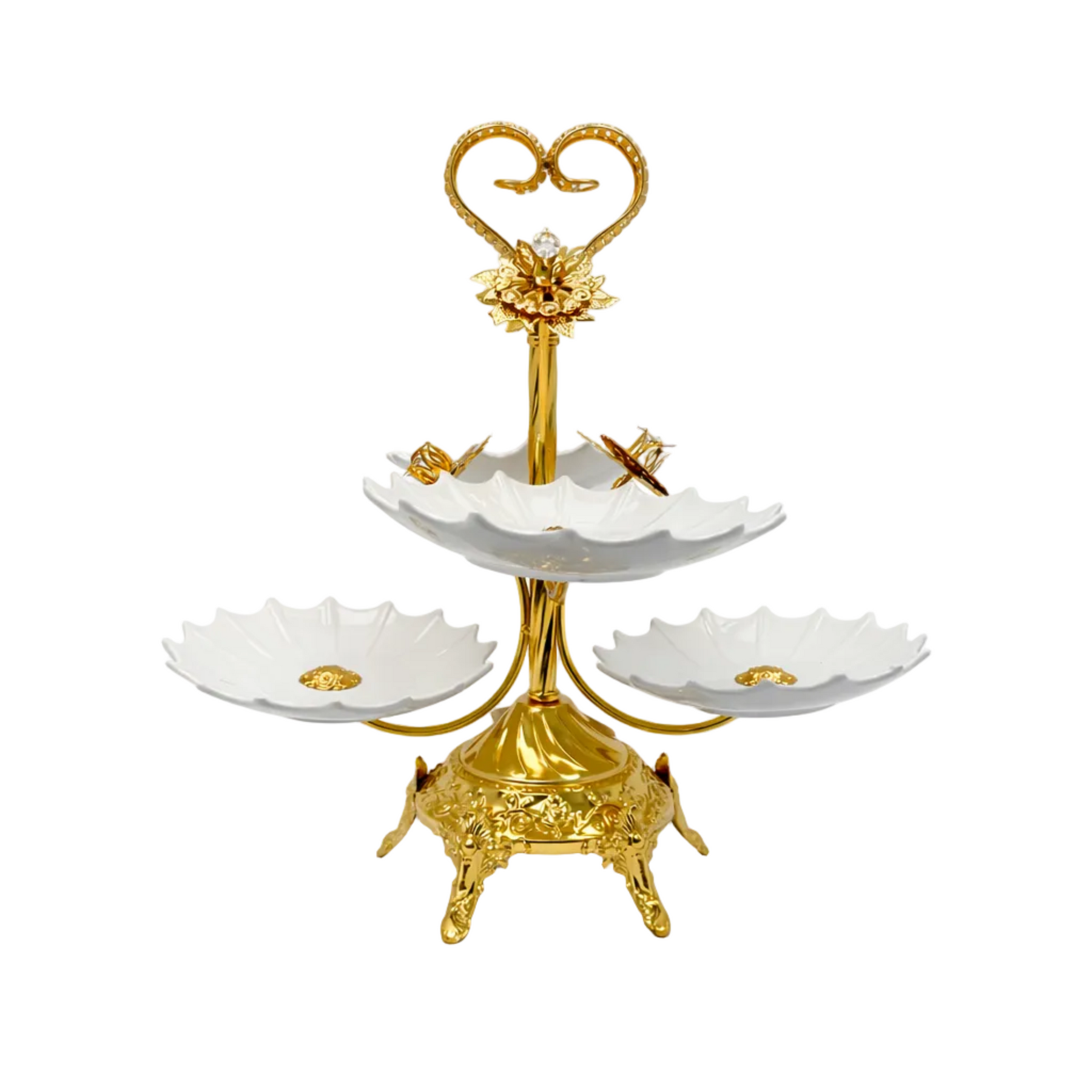 Gold-Tone Multi-Tier Candy Serving Stand with 3 White Flower Dishes