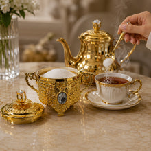 Ornate Gold Sugar Bowl with Lid & Crystal Spoon