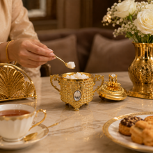 Ornate Gold-Tone Sugar Bowl with Lid and Crystal-Accent Spoon