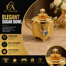 Ornate Gold-Tone Sugar Bowl with Lid and Crystal-Accent Spoon