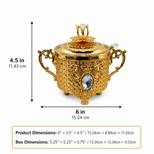 Ornate Gold-Tone Sugar Bowl with Lid and Crystal-Accent Spoon