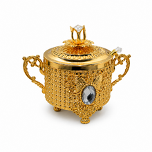 Ornate Gold-Tone Sugar Bowl with Lid and Crystal-Accent Spoon