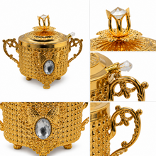 Ornate Gold-Tone Sugar Bowl with Lid and Crystal-Accent Spoon