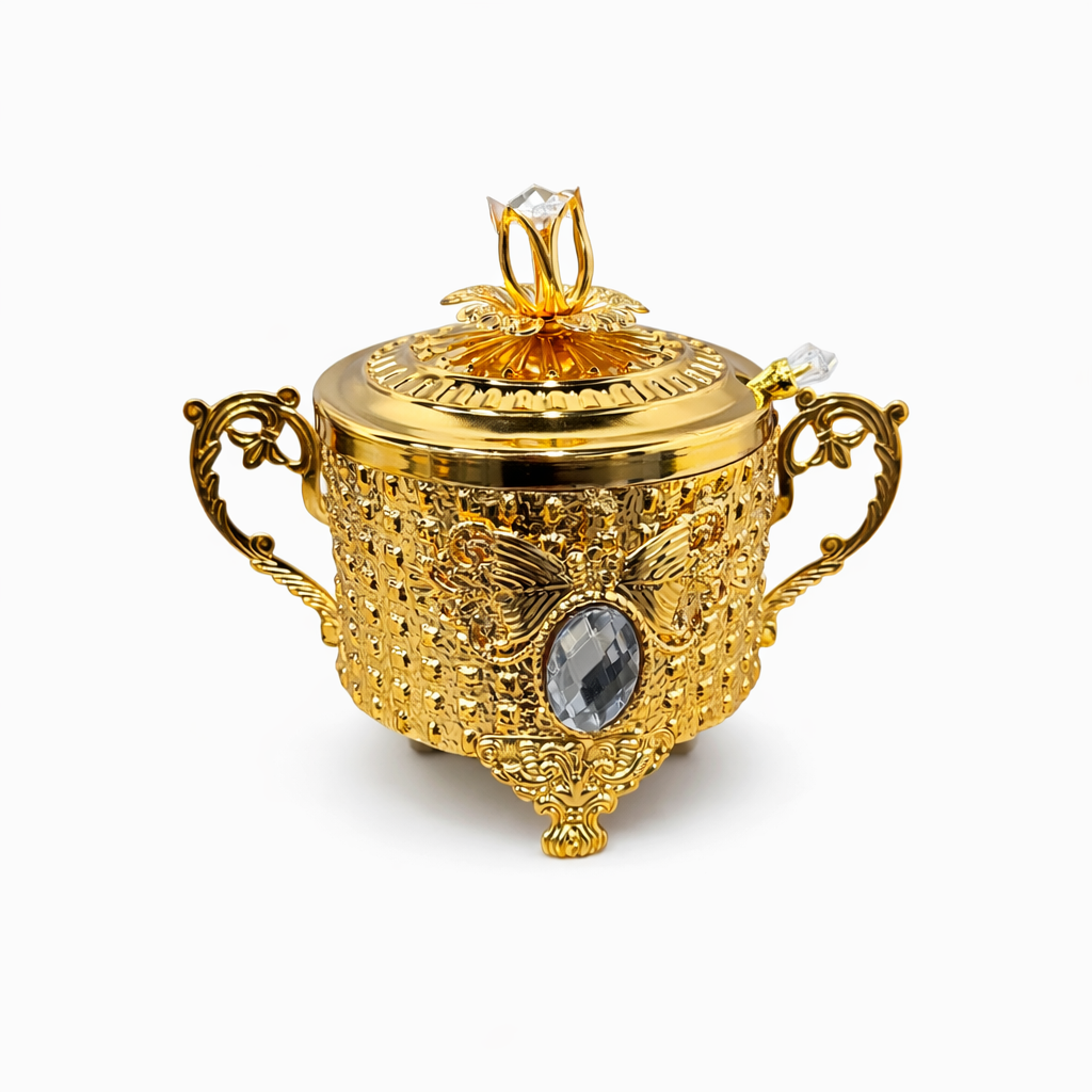 Ornate Gold Sugar Bowl with Lid & Crystal Spoon