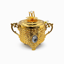 Ornate Gold Sugar Bowl with Lid & Crystal Spoon