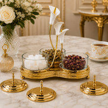 Ornate Gold-Tone Condiment Server Set with 3 Glass Bowls, Lids, Spoons and Floral Stand