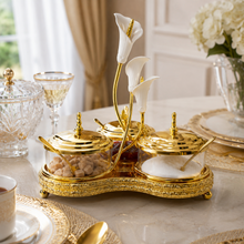 Ornate Gold-Tone Condiment Server Set with 3 Glass Bowls, Lids, Spoons and Floral Stand