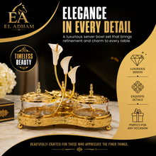 Ornate Gold-Tone Condiment Server Set with 3 Glass Bowls, Lids, Spoons and Floral Stand