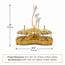 Ornate Gold-Tone Condiment Server Set with 3 Glass Bowls, Lids, Spoons and Floral Stand