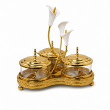 Ornate Gold-Tone Condiment Server Set with 3 Glass Bowls, Lids, Spoons and Floral Stand