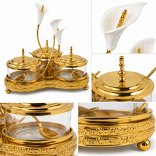 Ornate Gold-Tone Condiment Server Set with 3 Glass Bowls, Lids, Spoons and Floral Stand
