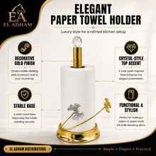 Decorative Gold Paper Towel Holder with Crystal Top & Floral Accent