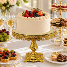14-Inch Ornate Gold Pedestal Cake Stand with Glass Top