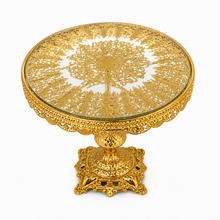 14-Inch Ornate Gold Pedestal Cake Stand with Glass Top