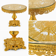 14-Inch Ornate Gold Pedestal Cake Stand with Glass Top